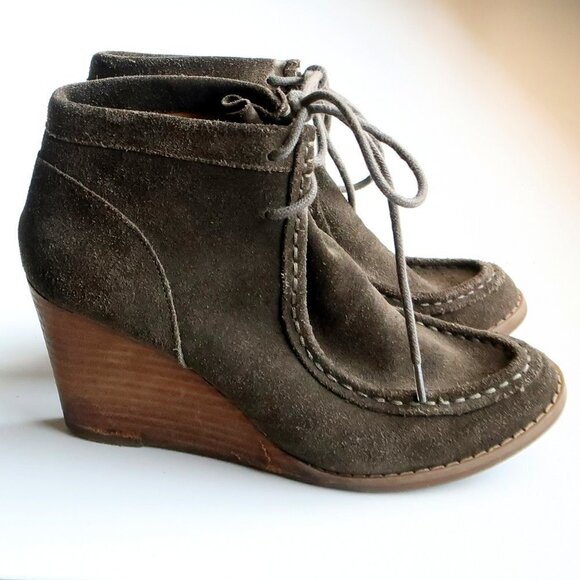 Lucky Brand Ysabel Military Green Lace-up Moc Toe Wedge Heel Ankle Boots Booties - Picture 3 of 16